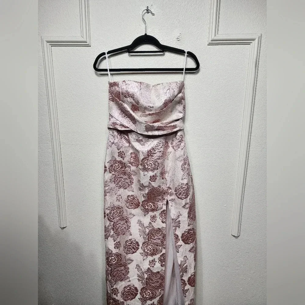 Lulus Redefine Regal Pale Pink Floral Jacquard Strapless Maxi Dress XS Wedding